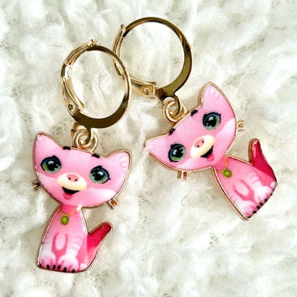 3/$15 Yellow Gold Pink Happy Kitty Cat Dangle Earrings
